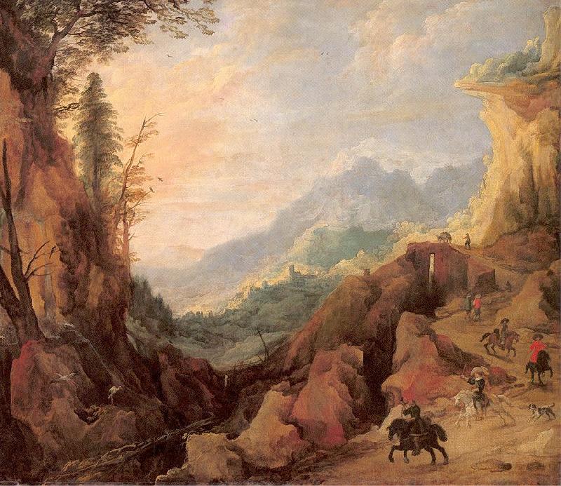 Momper II, Joos de Mountainous Landscape with a Bridge and Four Horsemen
